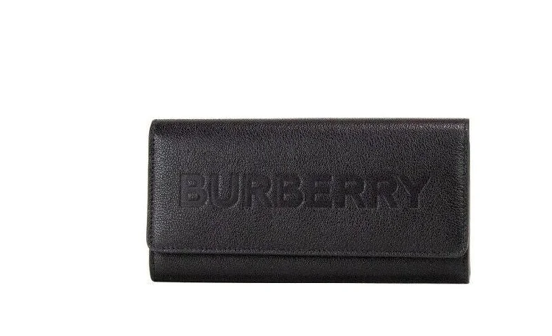 Solid Color Tote Bags for Simple Style-Burberry Porter Black Grained Leather Branded Logo Embossed Clutch Flap Wallet