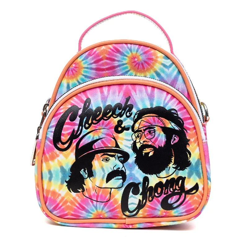 Padded-Strap Backpack for Shoulder-Cheech & Chong Vegan Leather Cross Body Backpack for Men and Women with Adjustable Strap, Faces Debossed Multi Color Tie Dye, Multicolor