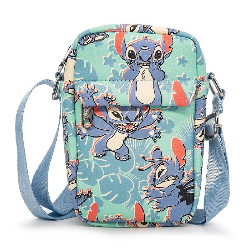 Sustainable Tote Bags for Green Choice-Crossbody Wallet - Lilo & Stitch Stitch Poses and Floral Collage Seafoam Green