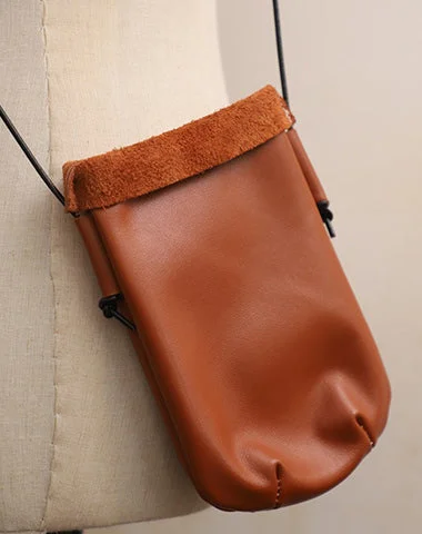 Shoulder bags with woven handles for a vintage, chic aesthetic -Cute Brown LEATHER Side Bag Phone WOMEN SHOULDER BAG Slim Phone Crossbody Pouch FOR WOMEN