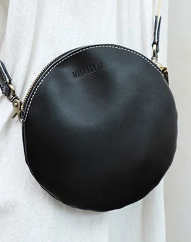 Stylish shoulder bags for everyday use in vibrant, eye-catching colors -Cute Round LEATHER Small Side Bag Black WOMEN Circle SHOULDER BAG Small Crossbody Purse FOR WOMEN