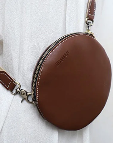 Chic shoulder bags with studded details for an edgy, rocker-inspired look -Cute Round LEATHER Small Side Bag Coffee WOMEN Circle SHOULDER BAG Small Crossbody Purse FOR WOMEN