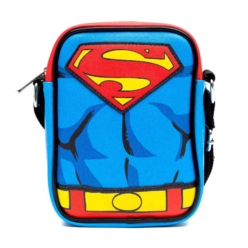 Neutral-Handle Tote Bags for Versatile Use-DC Comics Vegan Leather Crossbody Bag with Adjustable Straps, Superman Character Close Up with Super Logo and Belt Appliques, Blue