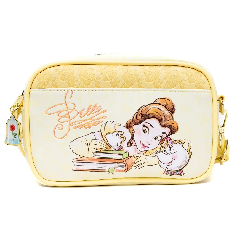 Compartmentalized Tote Bags for Storage-Disney Bag, Cross Body, Beauty and the Beast  Belle Chip Mrs Potts and Beast Pose, Vegan Leather