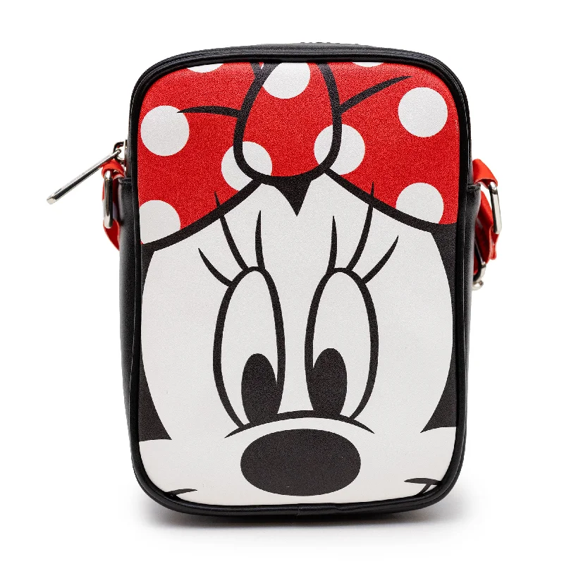 Drawstring Tote Bags for Quick Open-Disney Bag, Cross Body, Minnie Mouse Face Character Close Up, Black, Vegan Leather