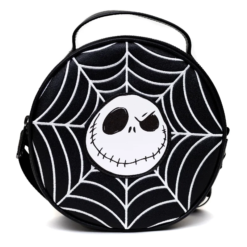 Floral Tote Bags for Feminine Touch-Disney Bag, Cross Body, Round, The Nightmare Before Christmas Jack Face with Spider Web, Vegan Leather