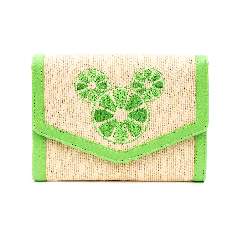 Nylon Tote Bags for Travel Use-Disney Bag, Horizontal Fold Over Cross Body, Mickey Mouse Embroidered Citrus Ears Lime Green, Raffia Straw