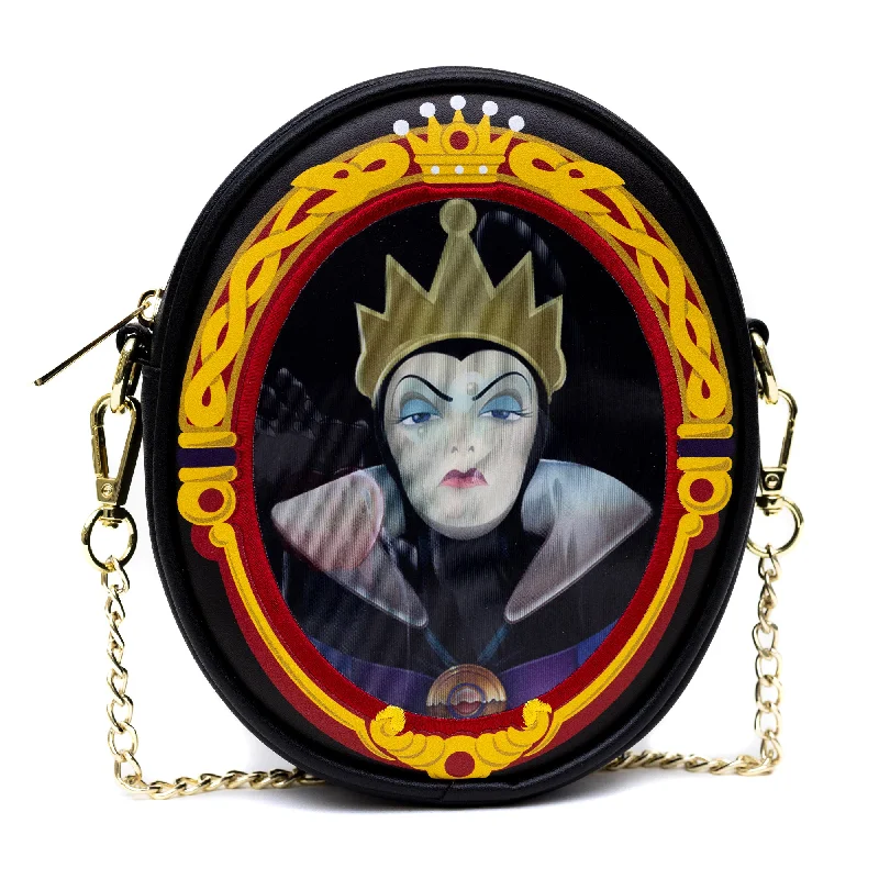 Gold-Handle Tote Bags for Opulent Look-Disney Bag, Oval Crossbody, Snow White Old Hag and Evil Queen Villains Lenticular Portrait, Black, Vegan Leather