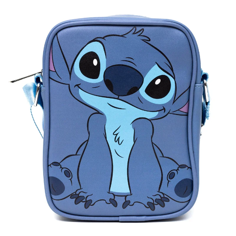 Laptop Backpack for Tech Protection-Disney Vegan Leather Cross Body Backpack for Men and Women with Adjustable Strap, Lilo and Stitch Stitch Character Close Up Face and Back, Blue