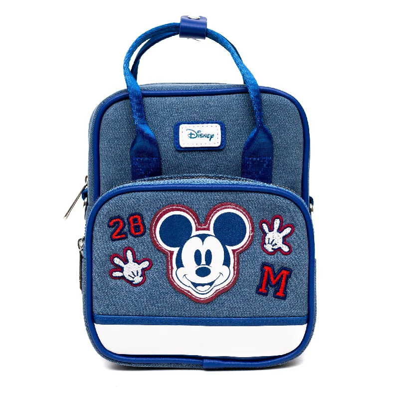 Zip-Top Backpack for Secure Storage-Disney Vegan Leather Cross Body Backpack for Men and Women with Adjustable Strap, Mickey Mouse Varsity Icons, Denim Blue