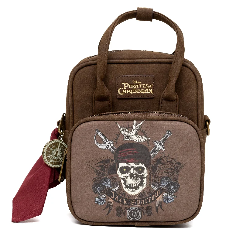 Compact Backpack for Essentials Only-Disney Vegan Leather Cross Body Backpack for Men and Women with Adjustable Strap, Pirates of the Caribbean Jack Sparrow Skull and Swords Brown