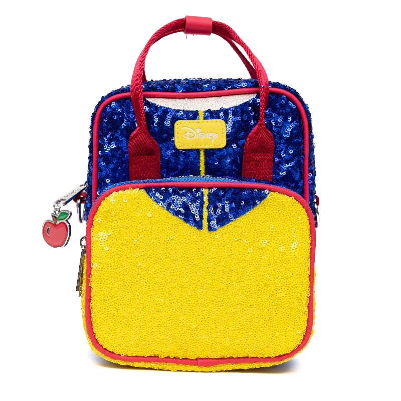 School Backpack with Pencil Case-Disney Vegan Leather Cross Body Backpack for Women with Adjustable Strap, Snow White Bodice Blue and Yellow Sequin with Apple Charm