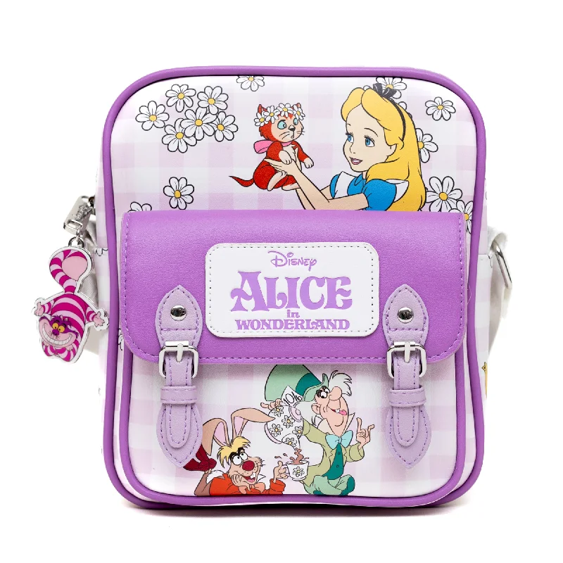 Waterproof Backpack for Rainy Days-Disney Vegan Leather Cross Body Backpack with Adjustable Strap, Alice in Wonderland Tea Party and Garden Flowers Poses Gingham Lavender