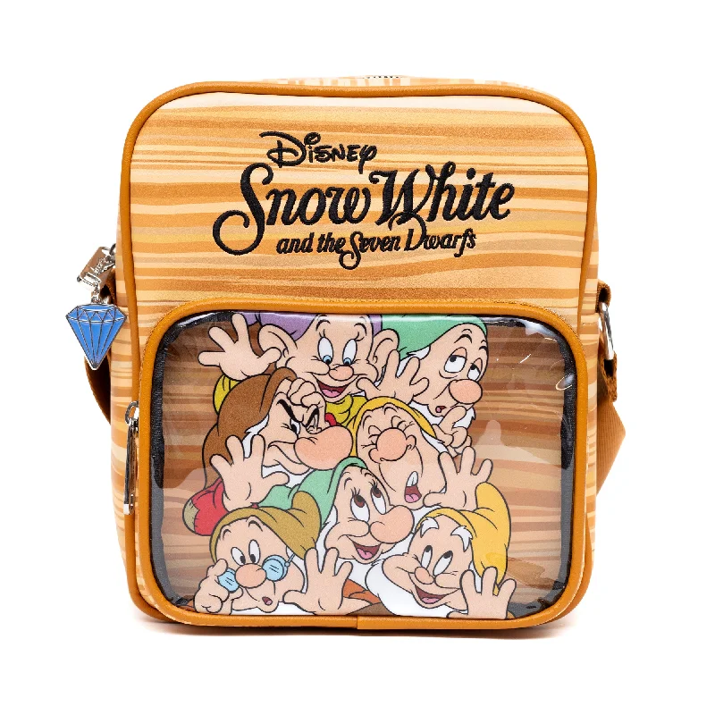 Spacious Backpack for Many Items-Disney Vegan Leather Cross Body Backpack with Adjustable Strap, Snow White and the Seven Dwarfs Face Smash Group Pose and Faux Wood Grain