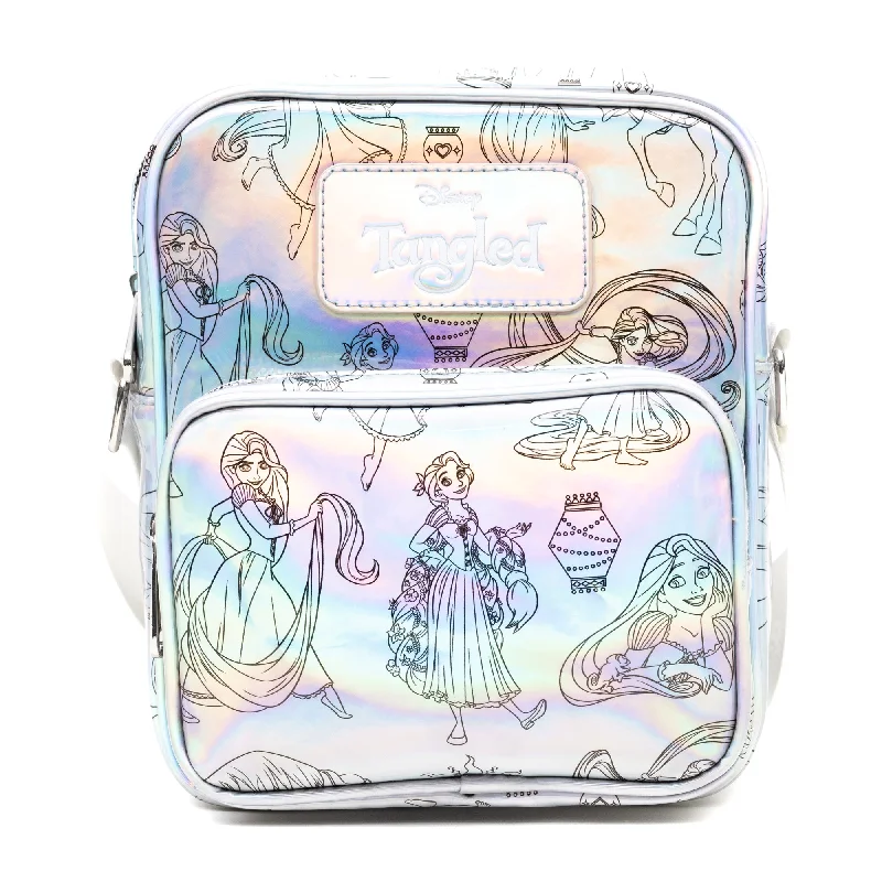 Unstructured Backpack for Relaxed-Disney Vegan Leather Cross Body Backpack with Adjustable Strap, Tangled Rapunzel Poses Iridescent Holographic