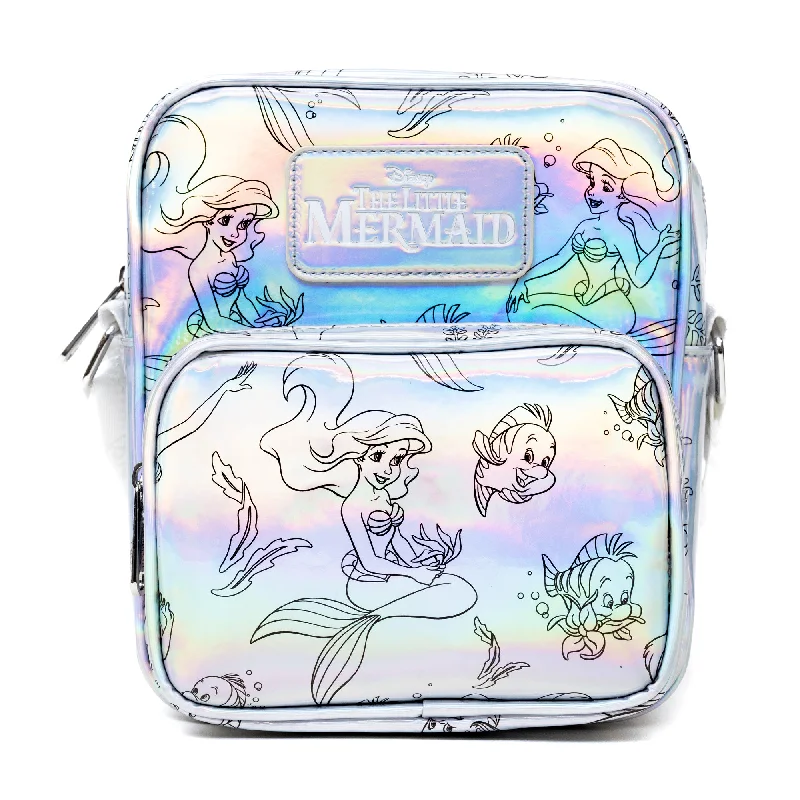 Travel Backpack for Long Journeys-Disney Vegan Leather Cross Body Backpack with Adjustable Strap, The Little Mermaid Ariel and Flounder Poses Iridescent Holographic