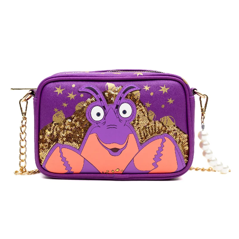 Chain-Handle Tote Bags for Glamorous-Disney Vegan Leather Crossbody bag with Adjustable Straps, Moana Tamatoa Character Close Up Pose Applique, Purple, 8.5" x 6.0"