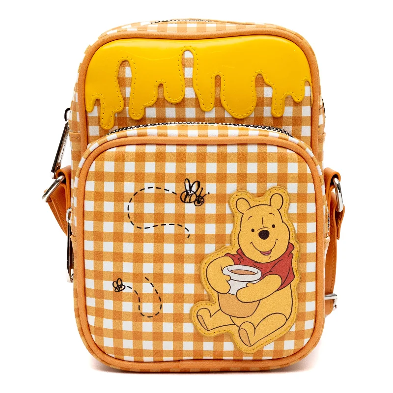 Gemstone-Handle Tote Bags for Luxurious-Disney Vegan Leather Crossbody bag with Adjustable Straps, Winnie the Pooh Hunny Pot Pose with Honey Drip Gingham White/Golden Yellow, 5.5" x 8.5"