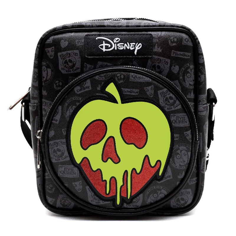 Animal Print Tote Bags for Wild Style-Disney Vegan Leather Crossbody Bag with Front and Back Zip Pocket, Snow White Evil Queen Glow in the Dark Apple and Icons Black, 8.5" x 10.0"