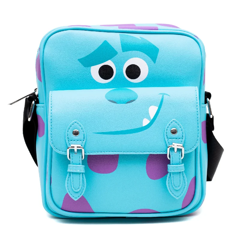 Wooden-Handle Tote Bags for Natural Touch-Disney Vegan Leather Crossbody Bag with Front Pocket, Monsters Sulley Smiling Character and Spots Blue Purple, 7.5" x 9"