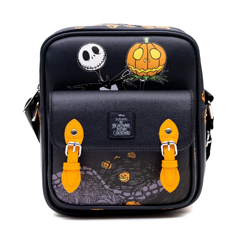 Structured Tote Bags for Formal Use-Disney Vegan Leather Crossbody Bag with Front Pocket, Nightmare Before Christmas Jack-O-Lantern Moon Poses Black, 7.5" x 9"