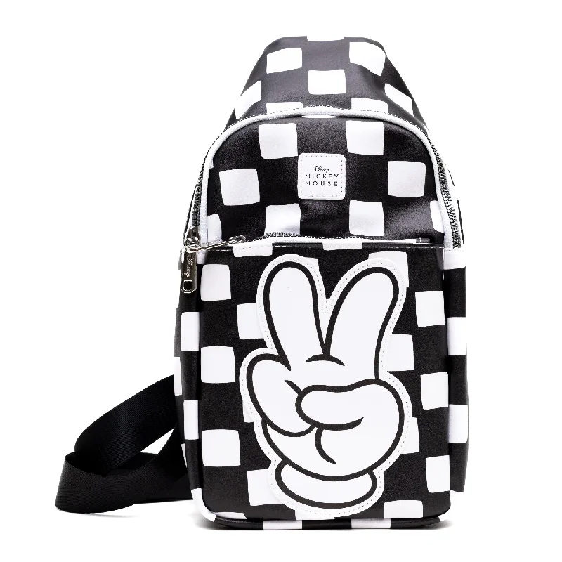 Drawstring Tote Bags for Quick Open-Disney Vegan Leather Crossbody Sling Bag, Mickey Mouse Peace Fingers Applique,Checker Black White, 7" x 14"