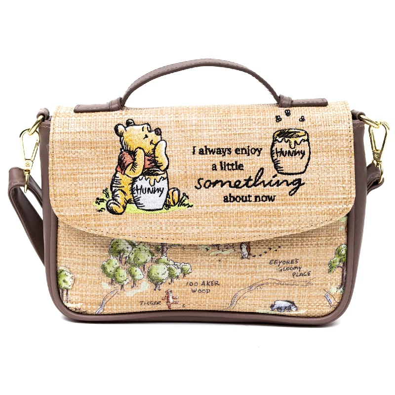 Hypoallergenic Tote Bags for Sensitive Skin-Disney Vegan Leather Fold Over Cross Body Bag for Women, Winnie the Pooh Embroidered Pooh and Friends Pose, Raffia Straw