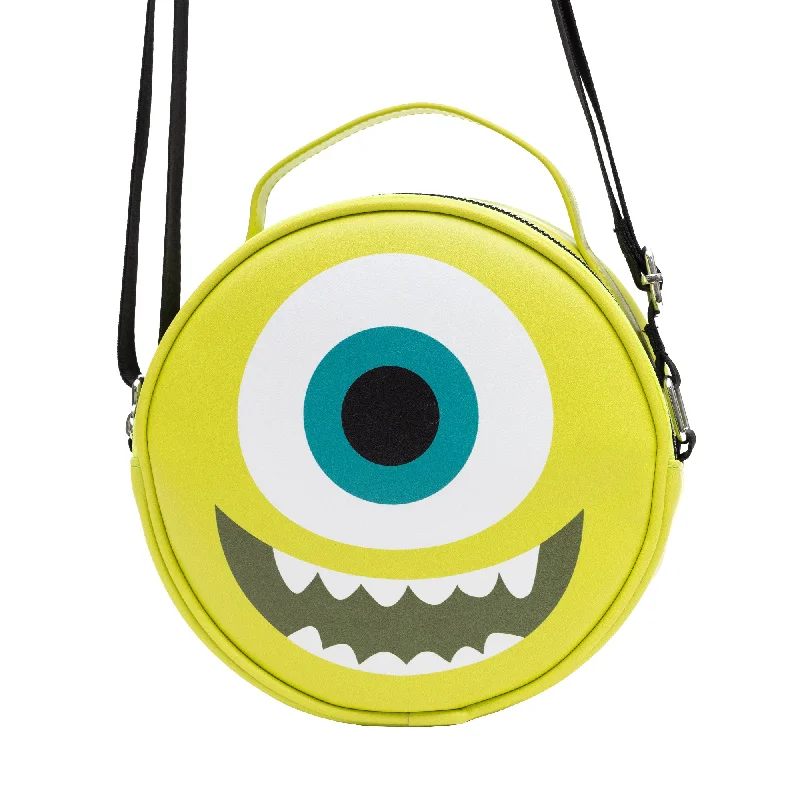 Patent-Leather Tote Bags for Shiny Finish-Disney Vegan Leather Round Crossbody Bag with Adjustable Straps, Pixar, Monsters Mike Face Character Close Up, Lime Green