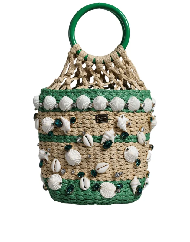 Solid Color Tote Bags for Simple Style-Dolce & Gabbana Beige Green Rafia Seashells Crystal Bucket Bag