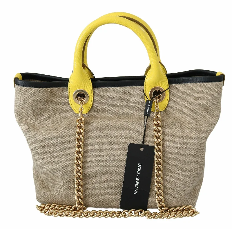 Anti-Theft Tote Bags for Security Purpose-Dolce & Gabbana Beige Linen-Calf Tote with Gold Chain