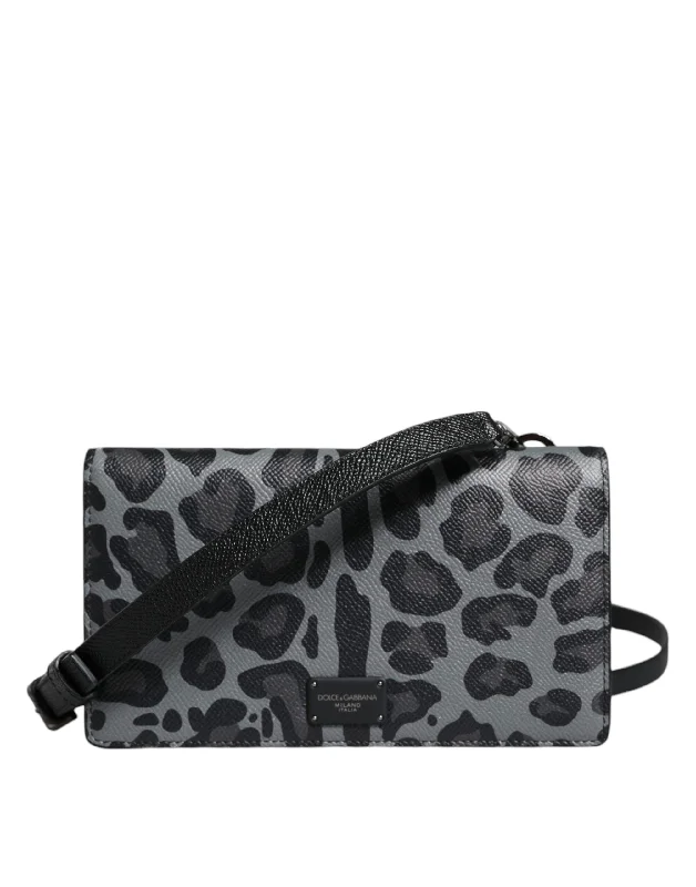 Rope-Handle Tote Bags for Rustic Look-Dolce & Gabbana Black Gray Leopard Leather Bifold Card Slot Crossbody Bag