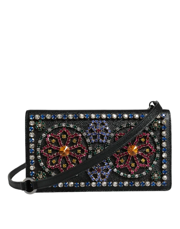 Textured-Handle Tote Bags for Interest-Dolce & Gabbana Black Leather Crystal Shoulder Crossbody Clutch Bag