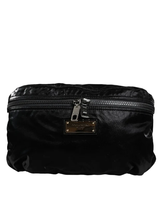 Short-Handle Tote Bags for Handheld Use-Dolce & Gabbana Black Nylon Fabric Belt Waist Fanny Pack Bag