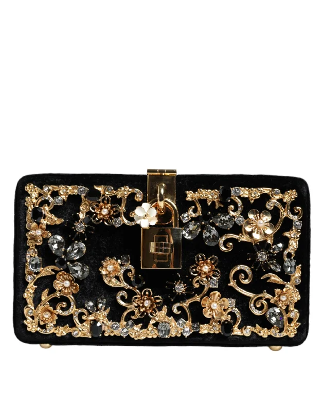 Maximalist Tote Bags for Bold Statement-Dolce & Gabbana Black Velvet Floral Crystal Clutch Evening Purse Bag