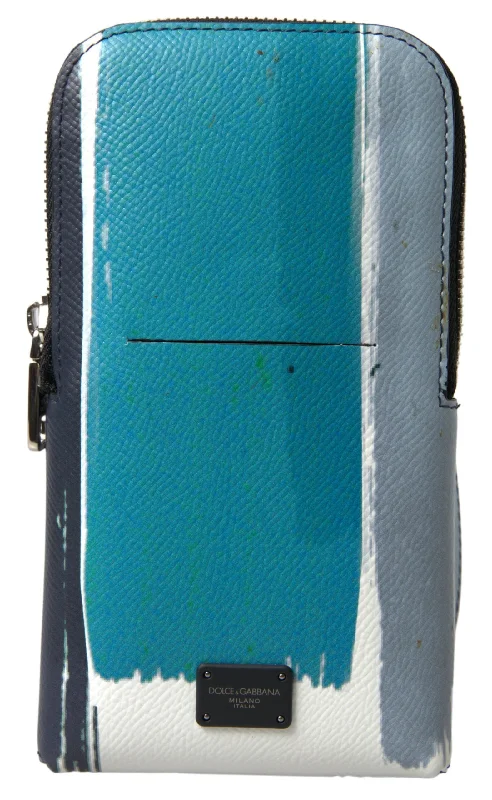 Travel Tote Bags with Luggage Tag-Dolce & Gabbana Elegant Leather Crossbody Phone Bag in Blue & White