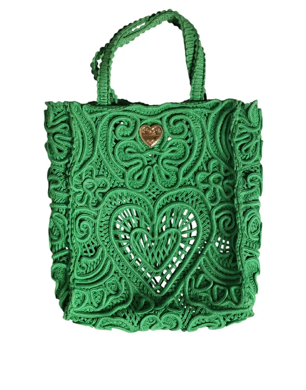 Platinum-Handle Tote Bags for Prestigious-Dolce & Gabbana Green Small Cordonetto Lace Beatrice Tote Bag