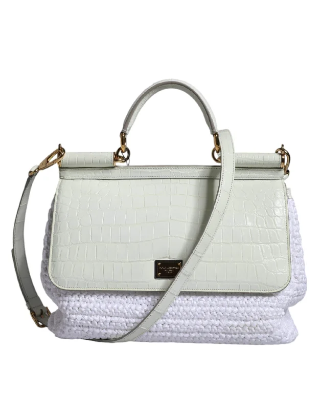 Branded Tote Bags for Quality Assurance-Dolce & Gabbana White Rafia Leather SICILY Crossbody Bag