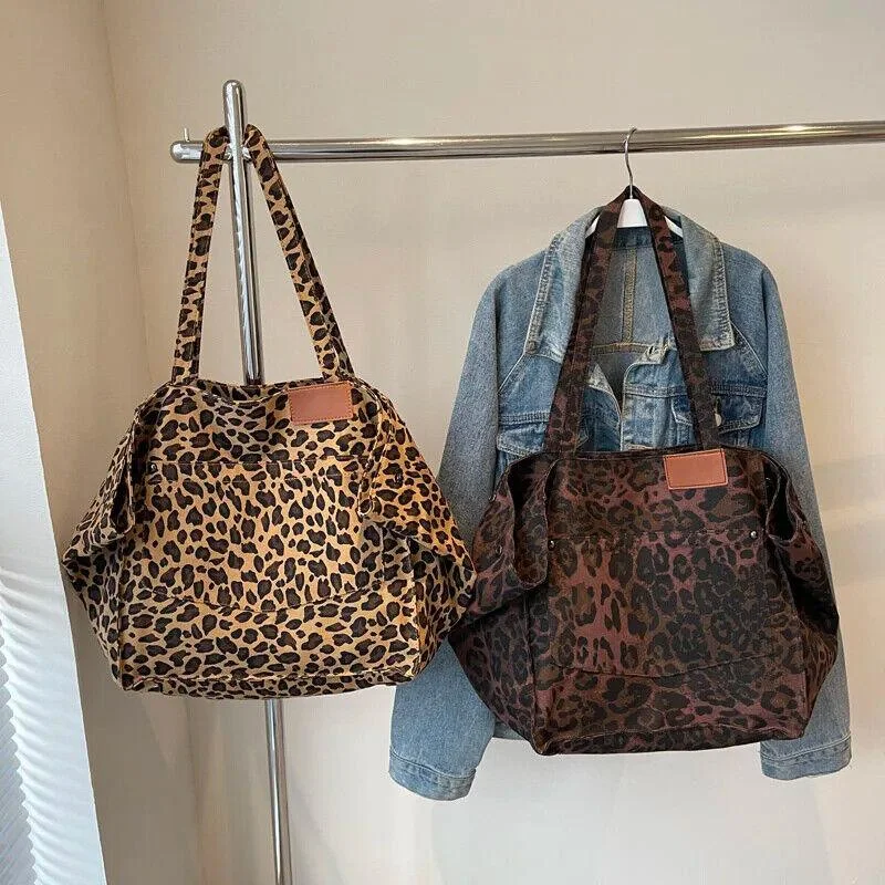 Classic shoulder bags with large, structured frames for timeless style -Extra Large Leopard Shoulder Bags Soft Fabric Open Women Outer Pocket Handbags