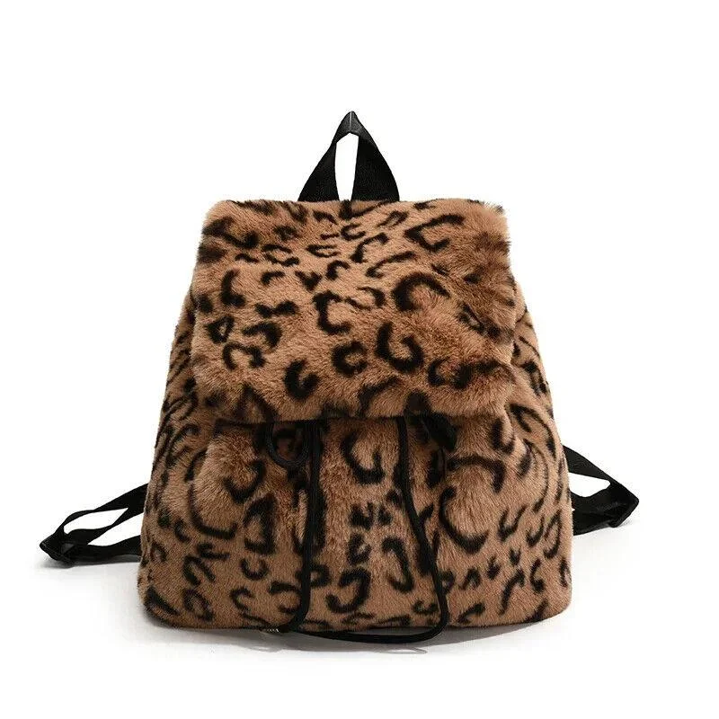 Shoulder bags with contrasting leather and fabric combinations for a chic look -Faux Fur Small Leopard Backpacks Women's Flap Drawstring Soft Solid Shoulder Bag