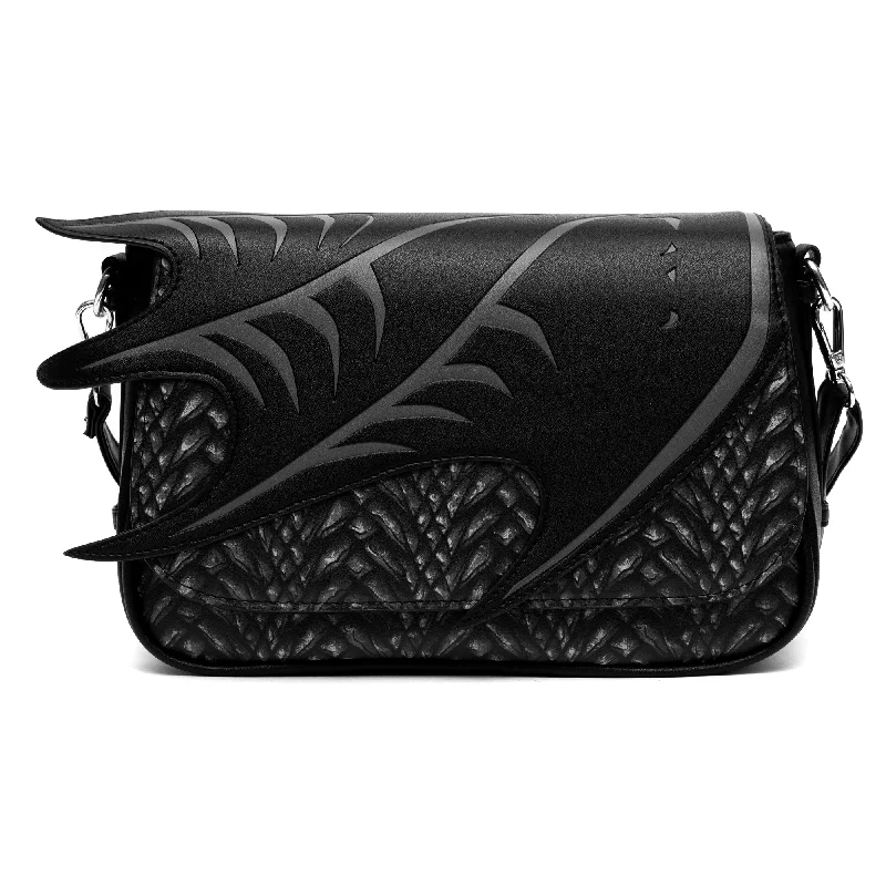 Party Tote Bags with Glittery Touch-Game of Thrones Bag, Fold Over Cross Body, Game of Thrones The Dragon Awakens Dragon Print Wing Applique, Vegan Leather