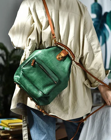 Maximalist Backpack for Bold Look-Handmade Womens Green Leather Doctor Backpack Purse Shoulder Doctor Handbags for Women