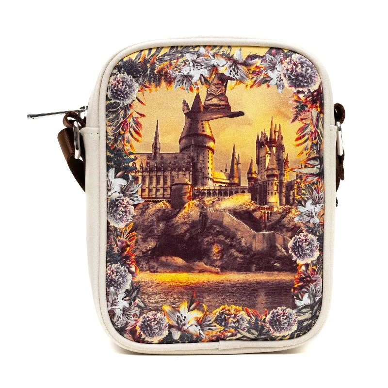 Silver-Handle Tote Bags for Shiny Look-Harry Potter Vegan Leather Round Crossbody Bag with Adjustable Straps, Hogwarts Floral Fantasy Off White