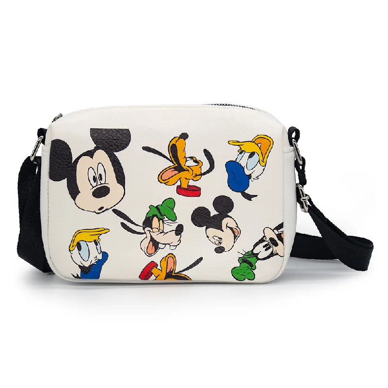 Cartoon Tote Bags for Fun Element-Horizontal Crossbody Wallet - Disney Mickey and Friends Fab Four Expressions Scattered White