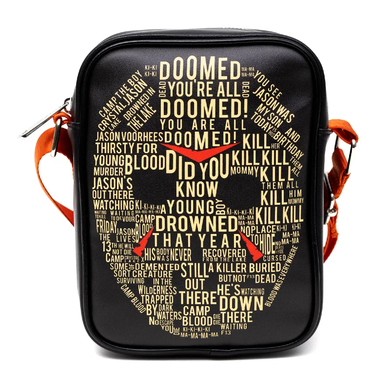 Work Backpack with Laptop Sleeve-Horror Movies Vegan Leather Cross Body Backpack for Men and Women with Adjustable Strap, Friday the 13th Jason Hockey Mask Quotes Typography Black