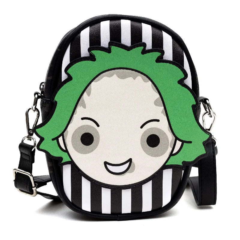 Rope-Handle Tote Bags for Rustic Look-Horror Movies Vegan Leather Cross Body Bag with Adjustable Strap, Beetlejuice Smiling Chibi Face Applique, Stripe Black White, 7" x 8"