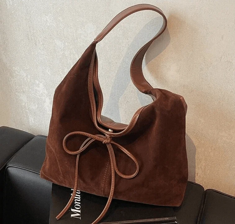 Versatile shoulder bags with interchangeable straps for different fashion looks -Large Faux Suede Soft Handbags Women's Bow Snap Style Tote Shoulder Bags