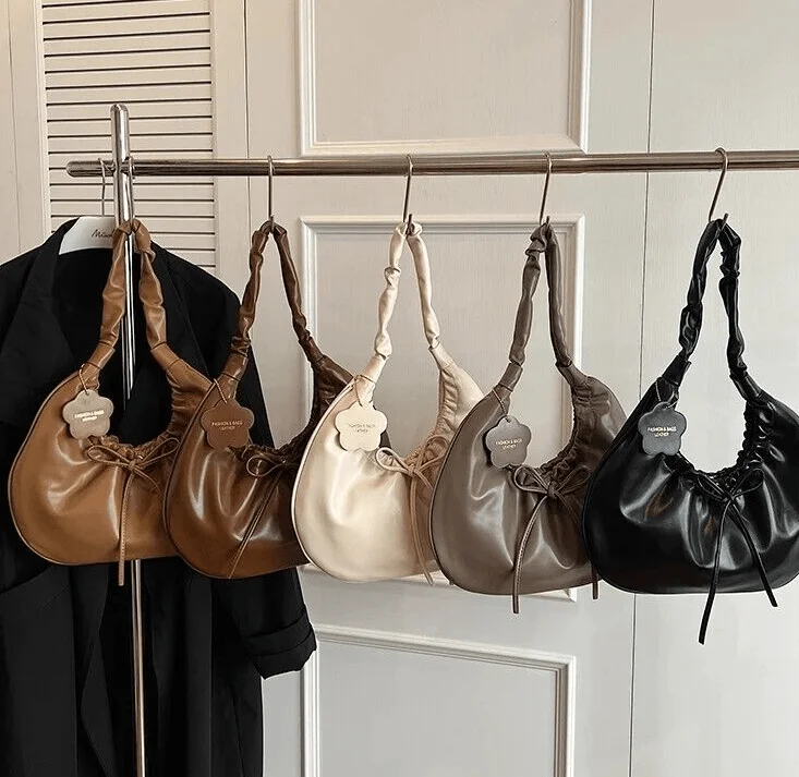 Shoulder bags with reversible designs for versatile fashion choices -Large Leather Handbags Soft Pleated Bow Snap Women Crescent Shoulder Bags