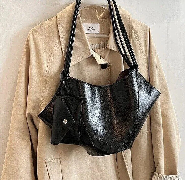 Shoulder bags with gold chains for a luxurious, high-end fashion touch -Large Shoulder Bags Leather Trapezoid Snap Handbags with Mini Flap Wallet Purses