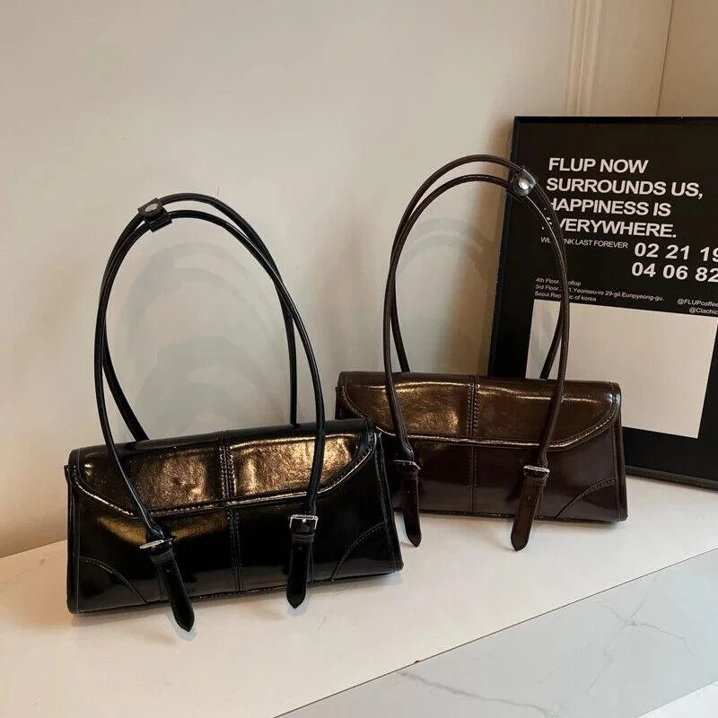 Chic shoulder bags with studded details for an edgy, rocker-inspired look -Large Shoulder Bags Leather Women's Flap Baguette Double Handles Underarm Purses