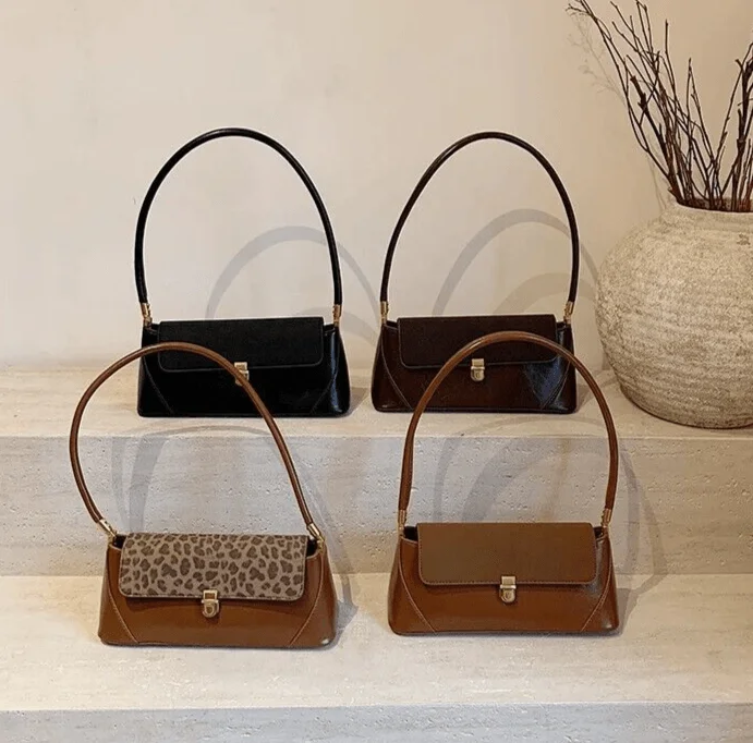 Shoulder bags with unique shapes and sizes for a bold fashion statement -Leather Medium Shoulder Bags Trapezoid Leopard Flap Push Lock Zip Women Purses